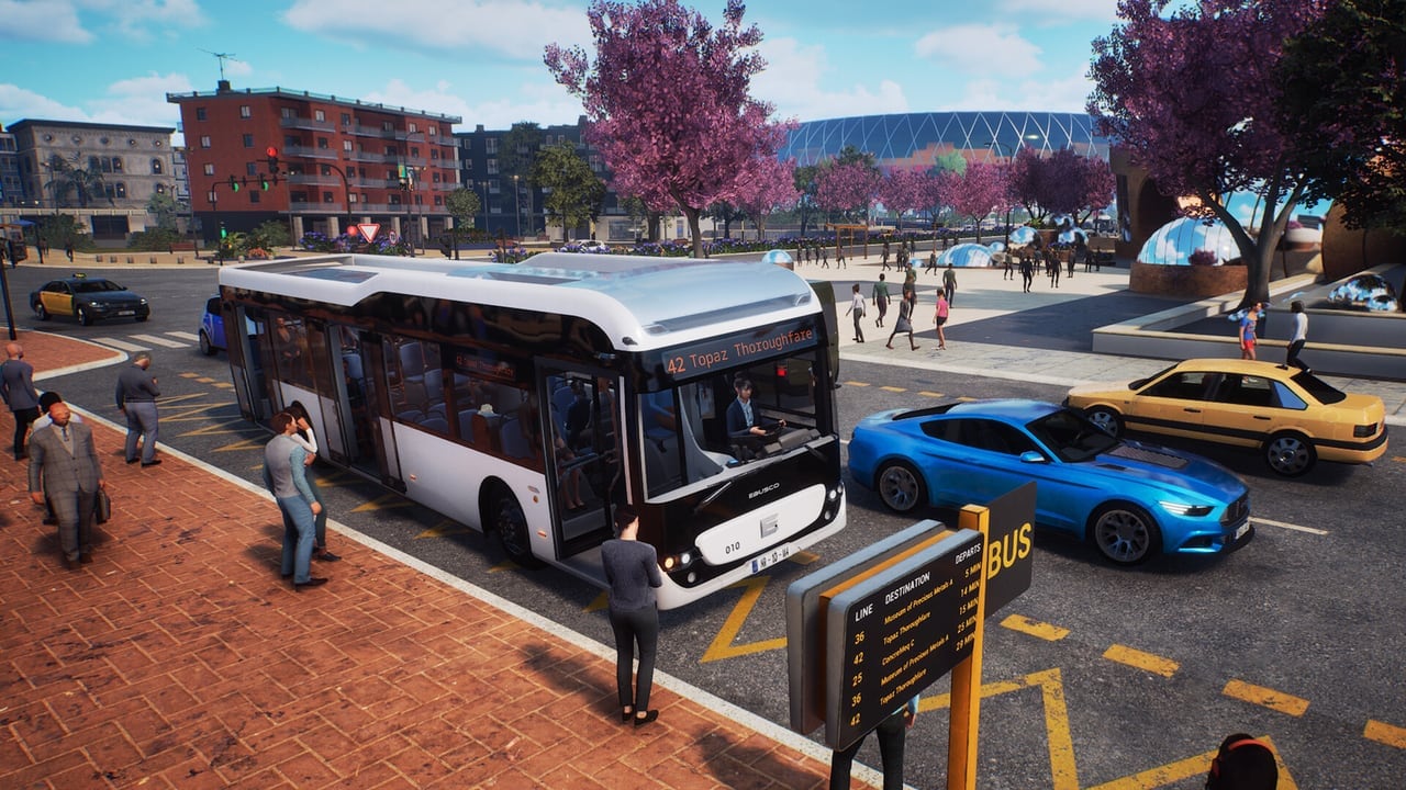 Bus Simulator 27 gameplay: a licensed city bus boarding passengers at a Felicia Bay stop